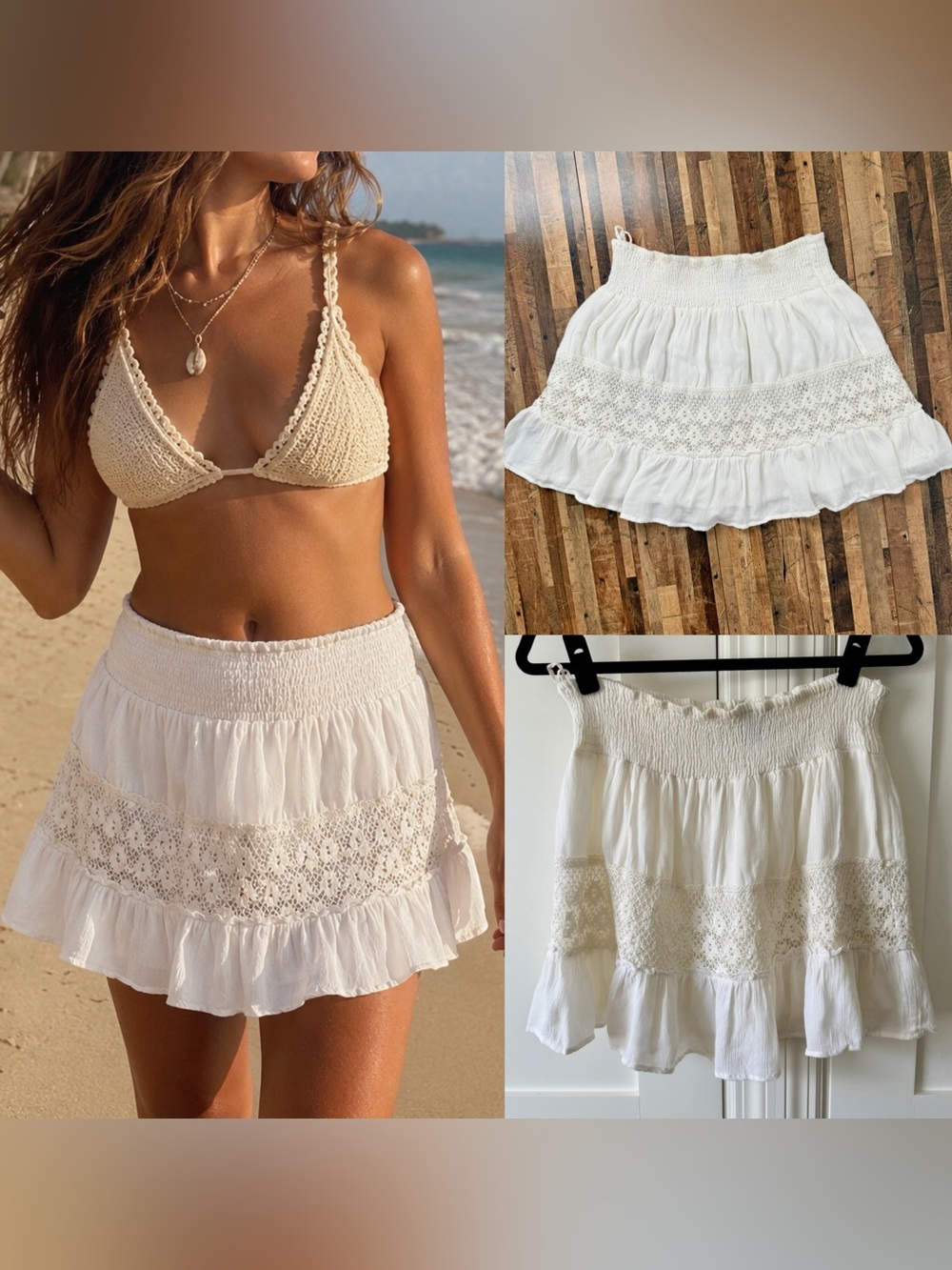 Mandee Y2K Crochet Lace Smocked Mini Skirt White Sz L
